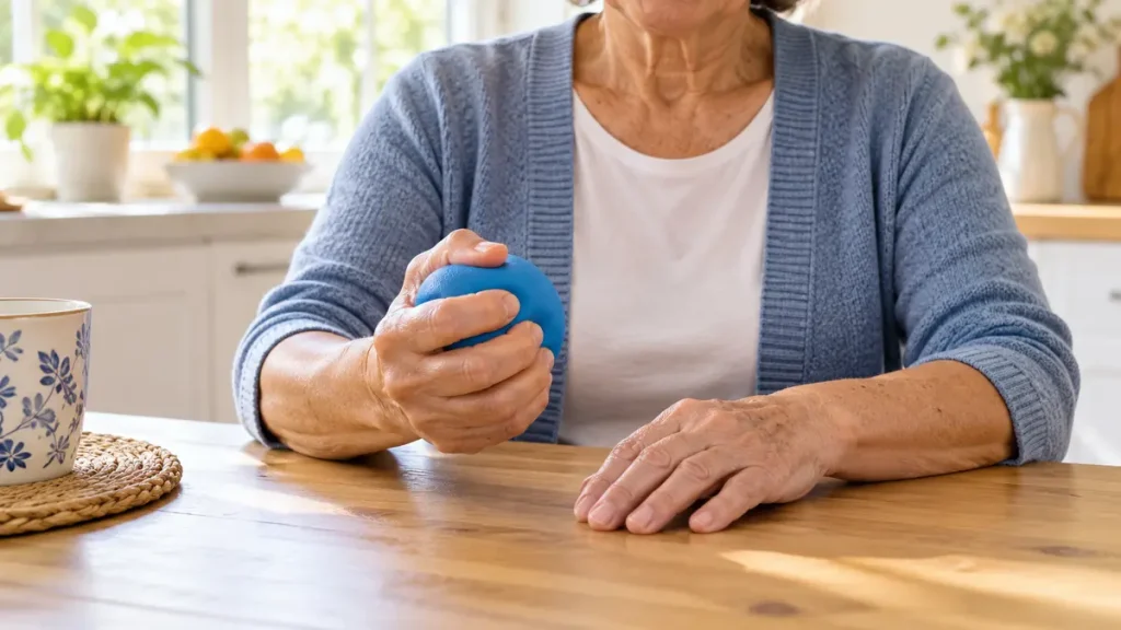 Older woman squeezing a soft blue ball at a kitchen table to practice hand strength