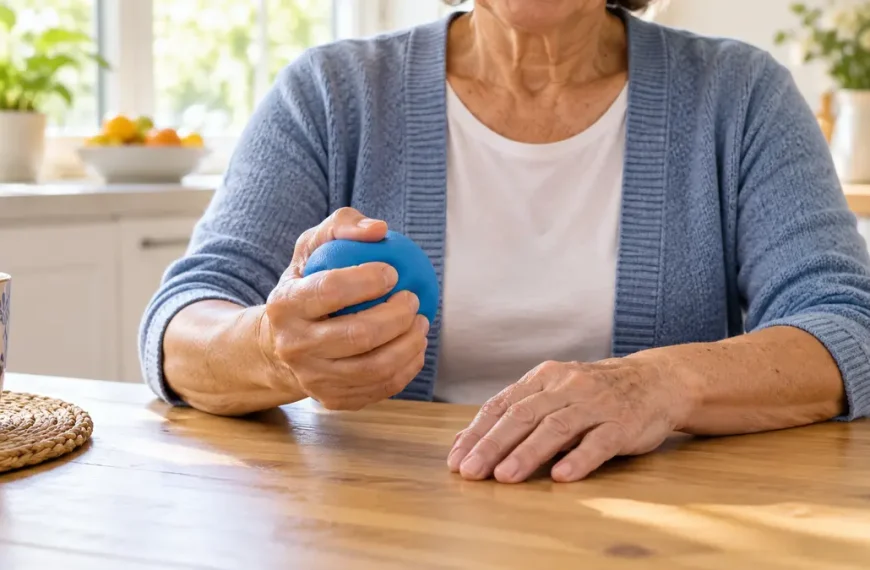 Older woman squeezing a soft blue ball at a kitchen table to practice hand strength