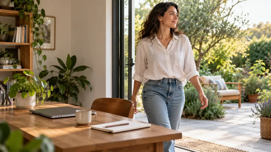 Woman stepping away from a closed laptop toward a sunlit garden patio