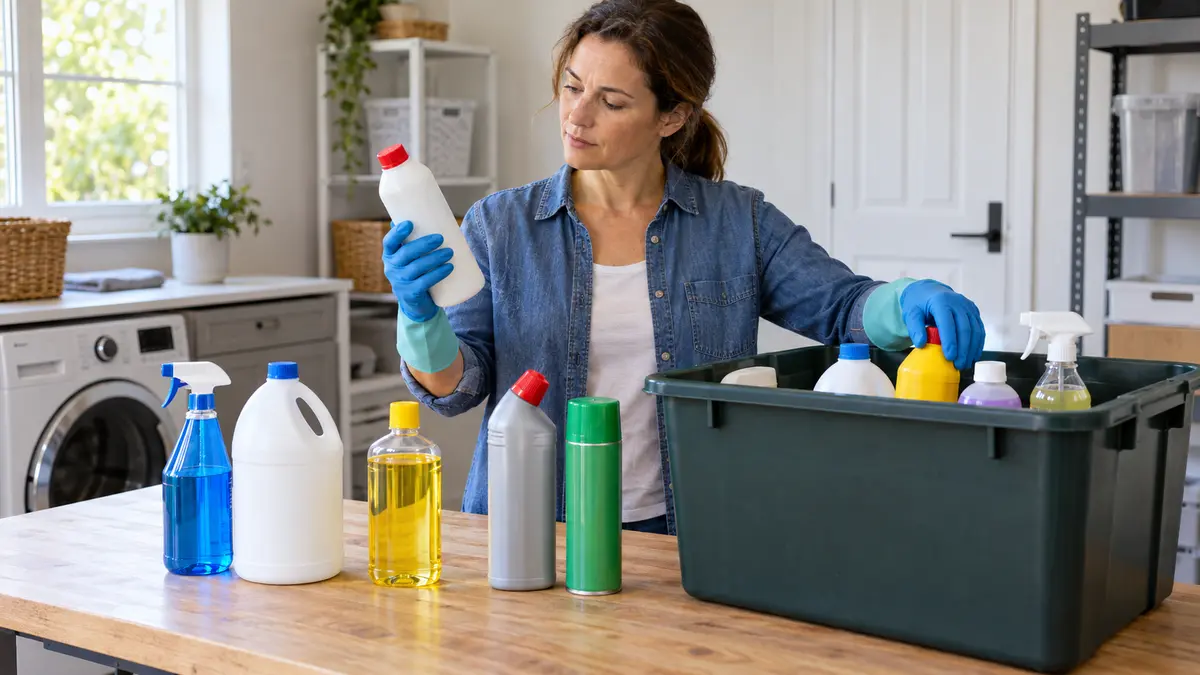 Adult sorting sealed household cleaner containers into a collection bin for safe disposal