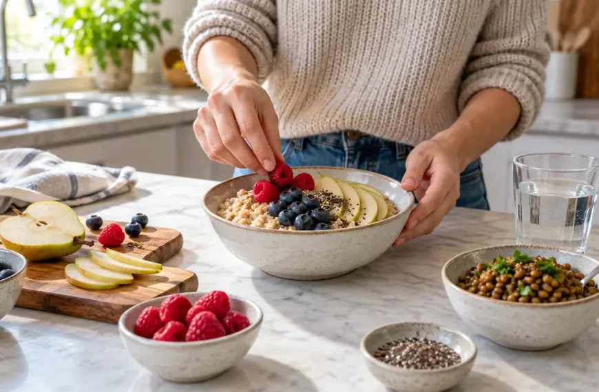 Adult adding berries to oatmeal beside lentils, sliced pear, and a glass of water