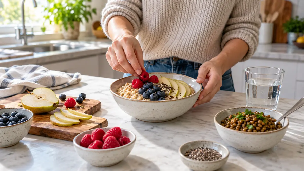 Adult adding berries to oatmeal beside lentils, sliced pear, and a glass of water