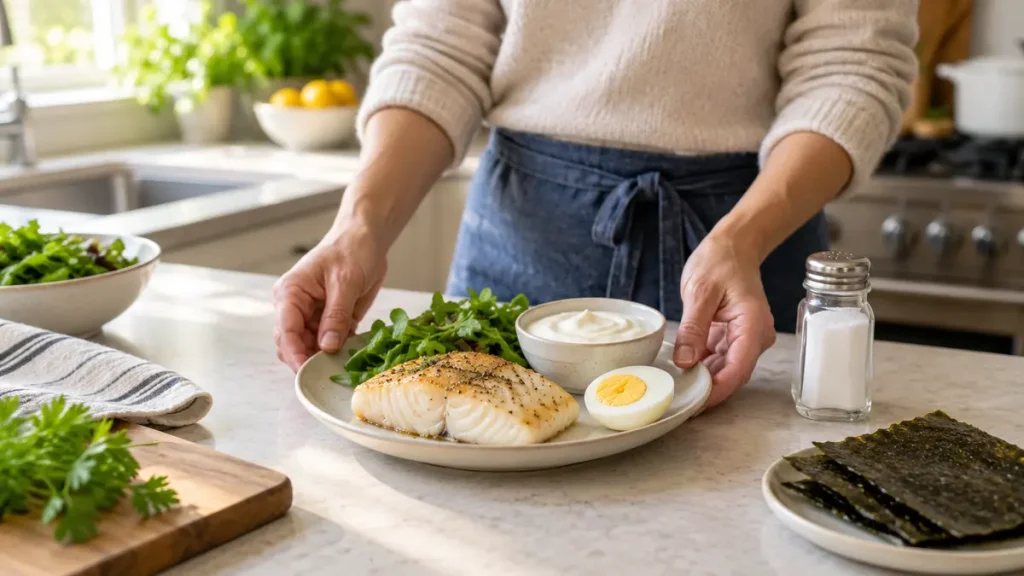 Home cook arranging cod, yogurt, egg, iodized salt, and nori on a kitchen counter