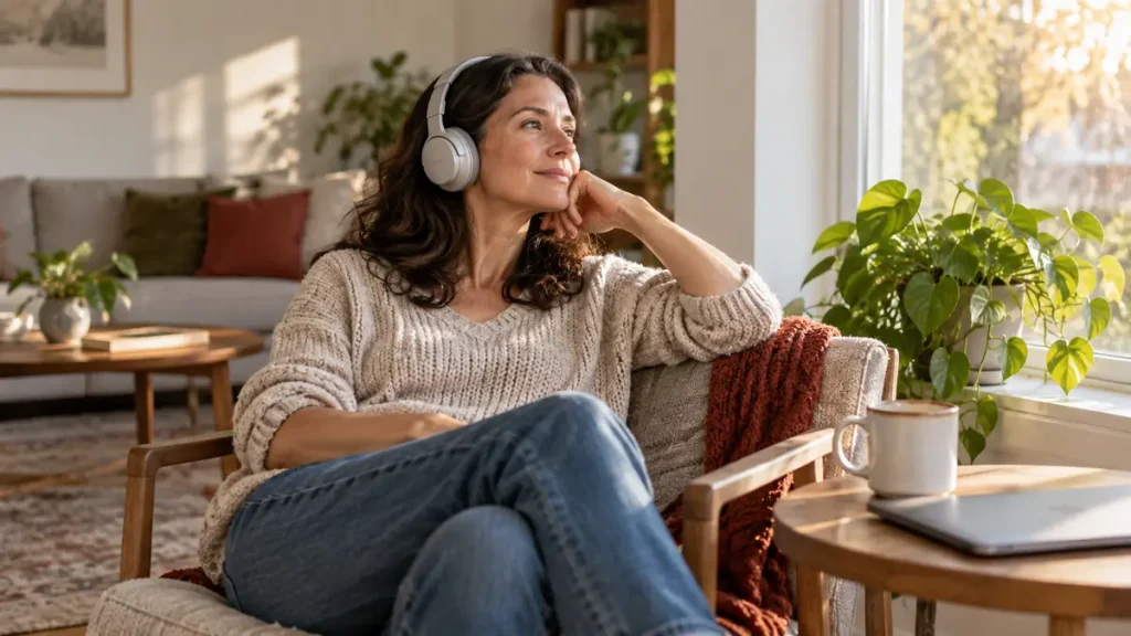Adult wearing headphones and unwinding beside a window after work