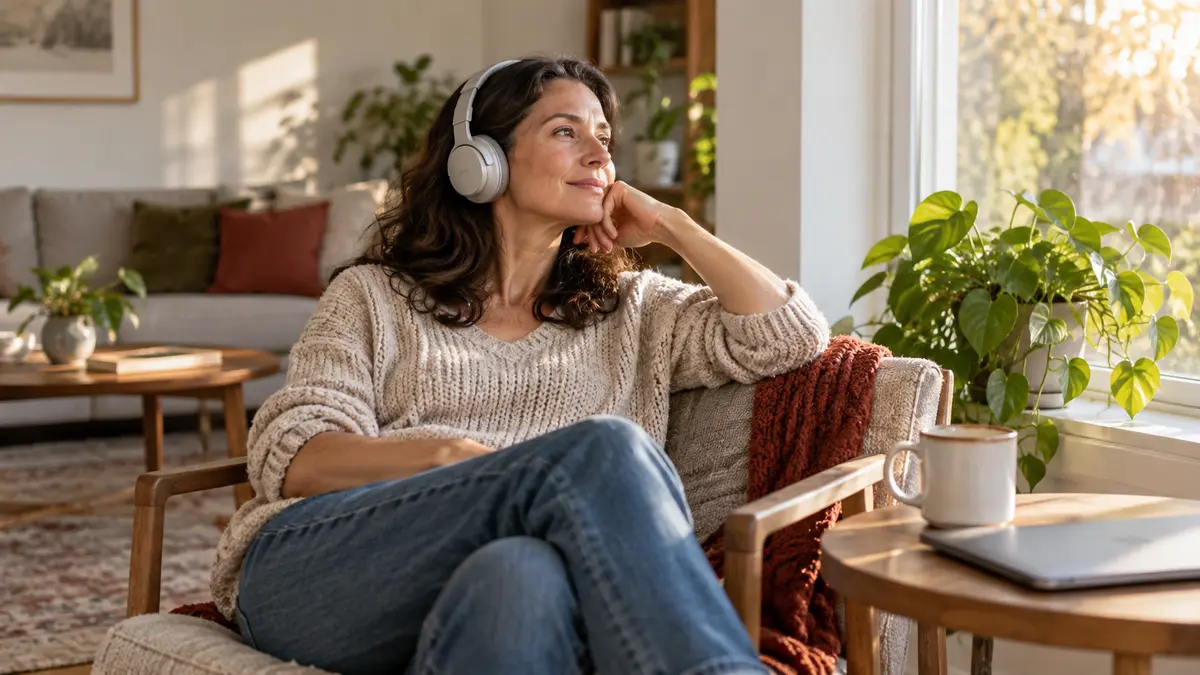 Adult wearing headphones and unwinding beside a window after work