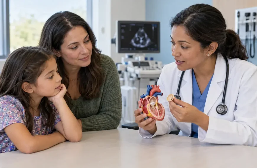 Pediatric cardiologist explaining a heart valve model to a child and parent
