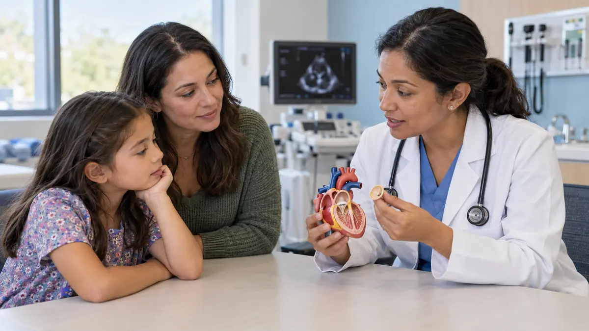 Pediatric cardiologist explaining a heart valve model to a child and parent