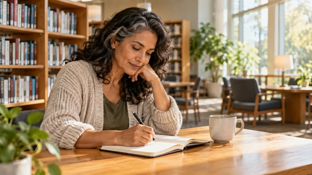 Woman writing reflectively in a journal at a sunlit library table