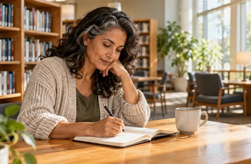 Woman writing reflectively in a journal at a sunlit library table