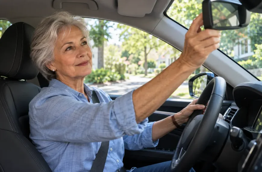 Older woman adjusting the rearview mirror in a parked car before driving