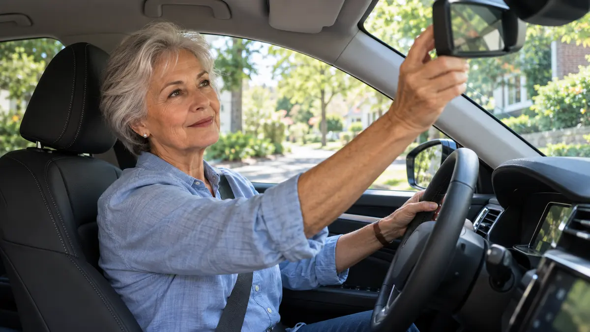 Older woman adjusting the rearview mirror in a parked car before driving