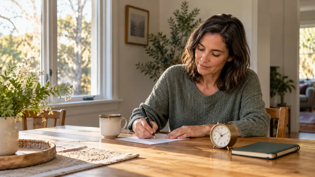 Adult calmly writing a worry list at a sunlit table beside a small clock
