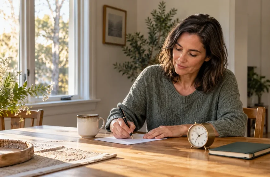 Adult calmly writing a worry list at a sunlit table beside a small clock