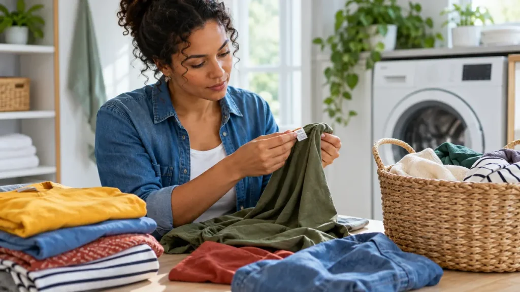 Woman inspecting the care label on secondhand clothing before washing