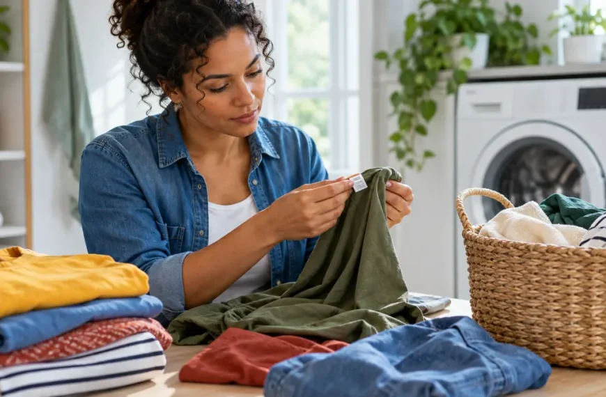 Woman inspecting the care label on secondhand clothing before washing