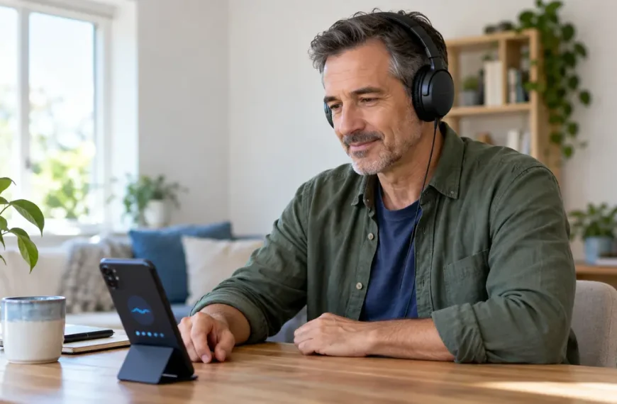Adult taking a smartphone hearing screening with over-ear headphones at home