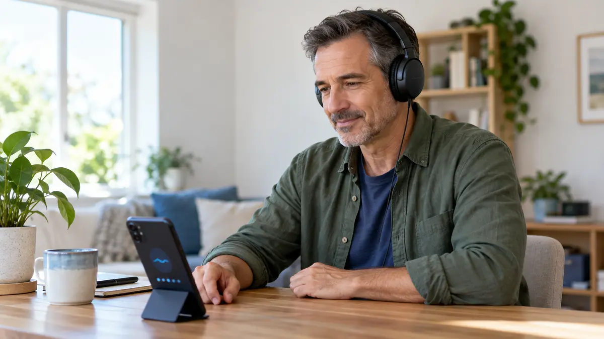 Adult taking a smartphone hearing screening with over-ear headphones at home