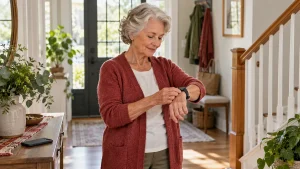 Older adult fastening an unbranded smartwatch near a home staircase