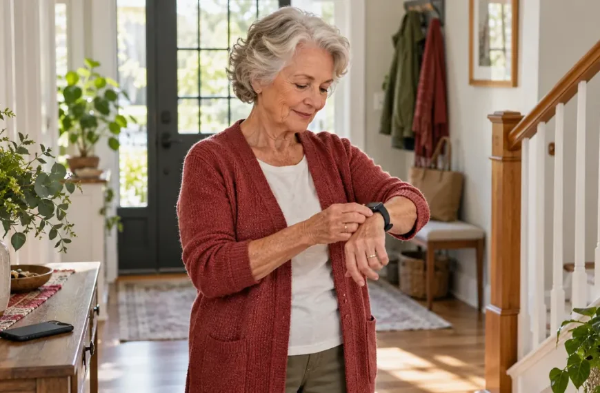 Older adult fastening an unbranded smartwatch near a home staircase